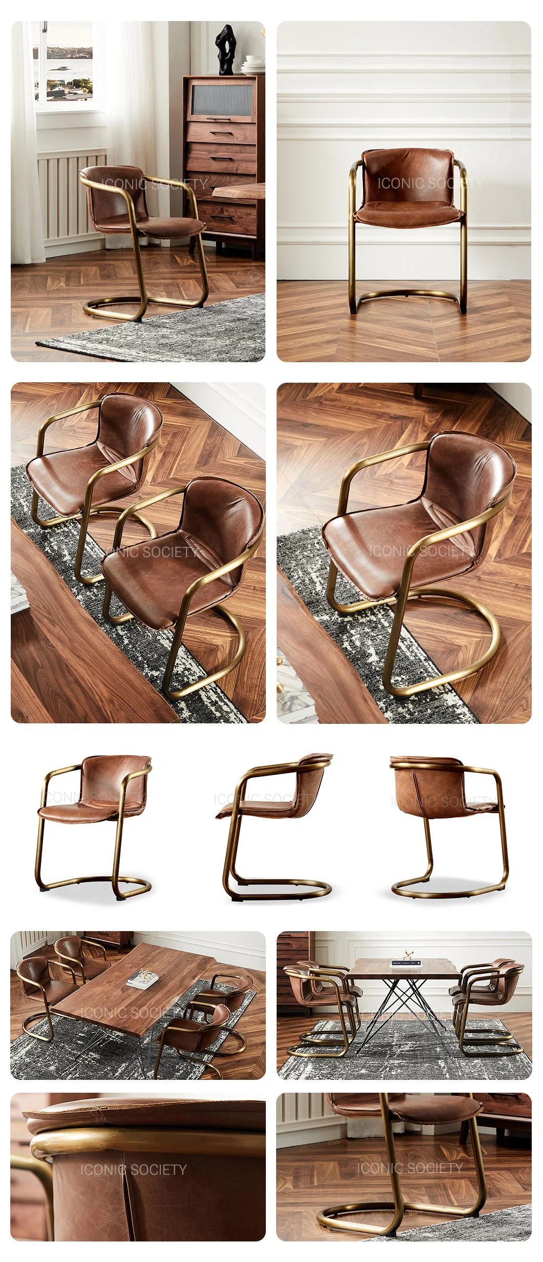 Modern Restaurant Office Dinner Living Room Furniture Home Sitting Room Hotel Metal Iron Retro Loft Genuine Leather Dining Chair